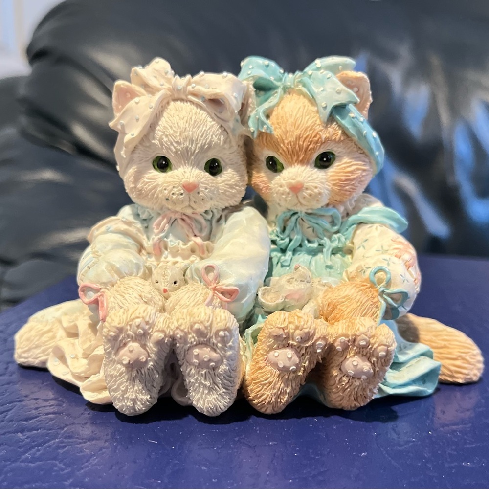 Adorable Cat Figurine Pair in Blue and Cream